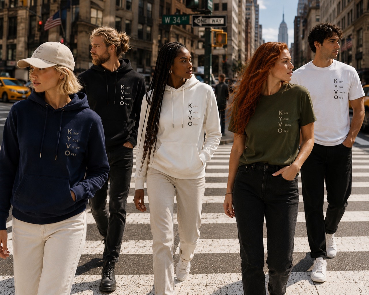 KYVO collection worn by five models on a New York street